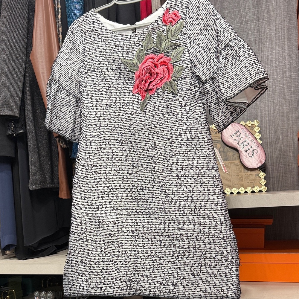 Zoe Ltd Monochrome Dress with Red Floral Detail